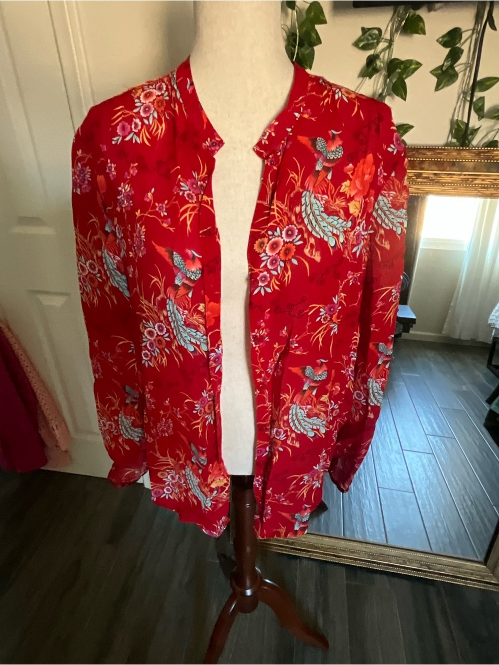 Monterey Bay Red Floral & Bird Print Top